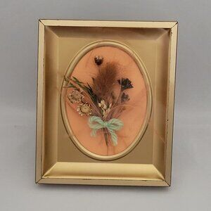 Vintage Gold Picture Framed Dried Flower Bouquet Art Table Wall Decor Shadow Box